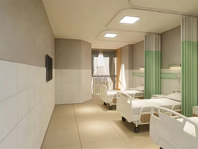 Modern Medical Ward Interior With White Tiled Walls TV Green Curtains And Beds 3d model