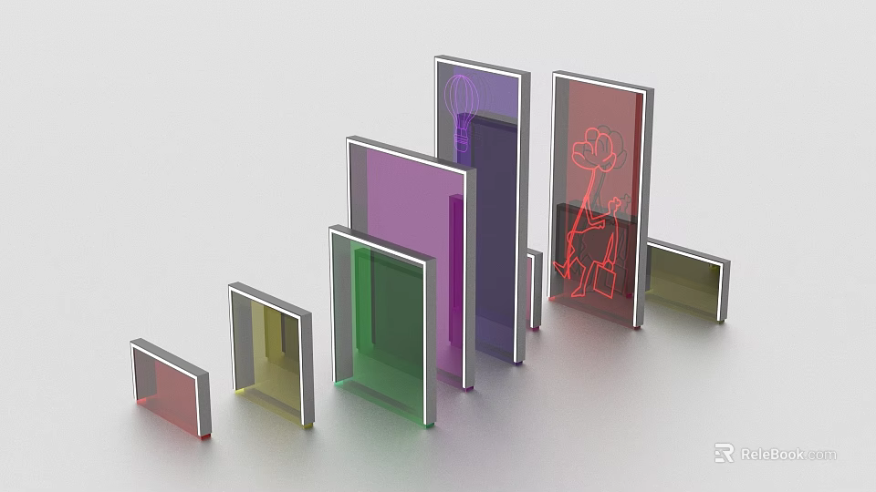 Colorful Glass Panels In Various Hues Arranged In Modern Display Design 3d model 