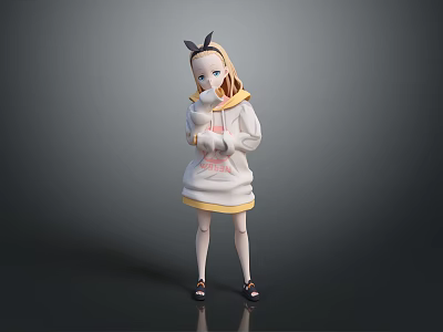 Cartoon Character With Small Black Horns Hugging White Kitten In Yellow Trimmed Hoodie 3d model