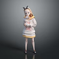 Cartoon Character With Small Black Horns Hugging White Kitten In Yellow Trimmed Hoodie