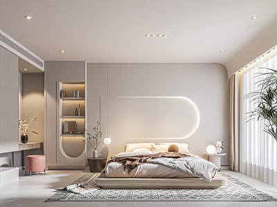 Modern Bedroom Interior Design with Curved Light Headboard Bed Bookshelf Soft Rug And Window Curtains 3d model