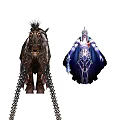 Game Movie Character Horse With Spiked Mane Ornate Saddle Hanging Chains And Blue Weapon