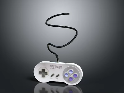 Retro White Game Controller With Black Cable And Purple Buttons 3d model