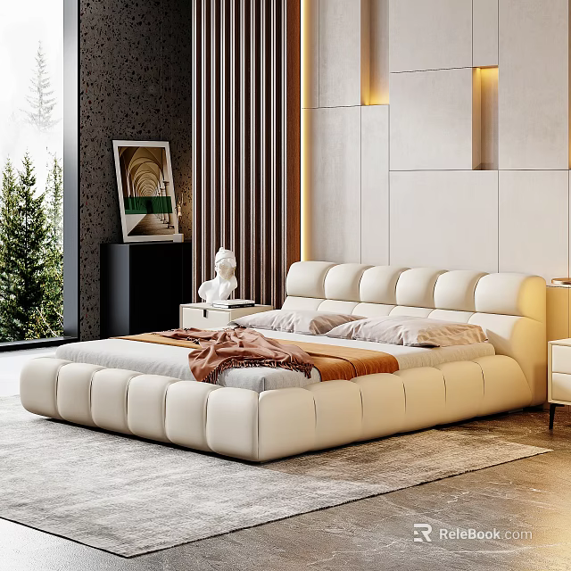Cream Colored Double Bed with Upholstered Headboard in Modern Bedroom Interior 3d model 
