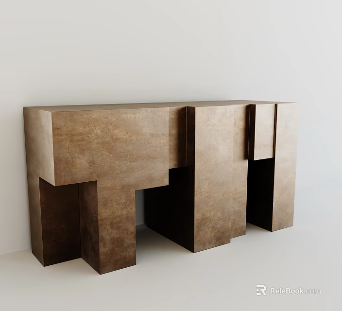 Modern Geometric Console Table With Bronze Metal Block Structure And Angular Design 3d model 