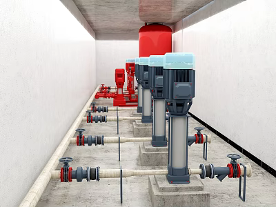 Industrial Fire Fighting Equipment with Red Pumps Pipes and Valves in Facility Room 3d model