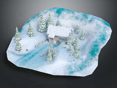 Cartoon Winter Scene With Snowy Cabin Pine Trees And Blue Water Surroundings 3d model