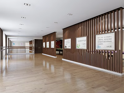 Spacious Gym Corridor with Wooden Flooring Brown Wooden Partition Walls and Fitness Posters 3d model