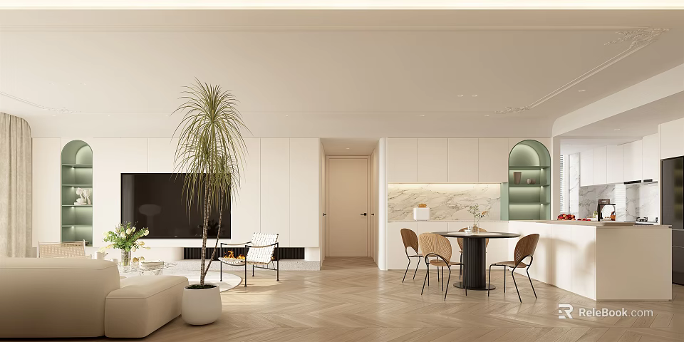 Modern Living Dining Room Interior With White Cabinets TV Wall Tall Plant And Herringbone Floor 3d model 