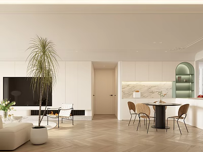 Modern Living Dining Room Interior With White Cabinets TV Wall Tall Plant And Herringbone Floor 3d model