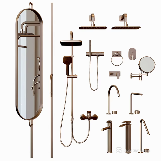 Modern Shower Head System With Faucets Knobs Mirror And Bathroom Hardware Fixtures 3d model