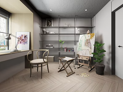 Entertainment Room Interior Design With Bookshelves Easel Chair Artwork And Green Plant 3d model
