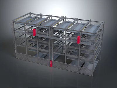 Multi Level Building Structure With Metal Frame Platforms And Red Components 3d model