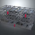 Multi Level Building Structure With Metal Frame Platforms And Red Components 3d model