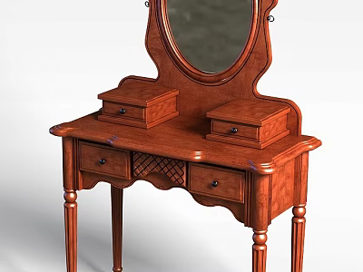 Wooden Brown Dressing Table With Oval Mirror Carved Legs And Drawers 3d model