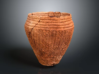 Carved Terracotta Pottery Jar Featuring Textured Surface and Visible Cracks 3d model