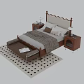 Double Bed with Scalloped Headboard Storage Bench Bedside Tables Lamps Black White Polka Dot Rug