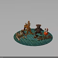 Children's Toy Scene With Wooden Carousel Teddy Bear Doll And Train On Blue Snowflake Carpet