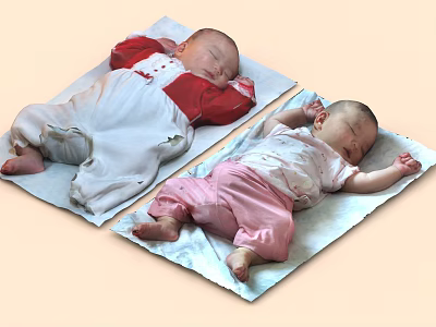 Two Babies Lying On Soft Mats Wearing Red And White And Pink Outfits Peacefully Sleeping 3d model