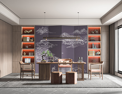 New Chinese Tea Room Zen Tea Room Tea Table and Chair Tea Cabinet Storage Rack Decorative Cabinet Tea Table 3d model