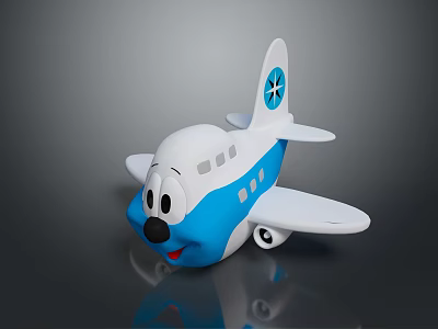 Cute White And Blue Toy Airplane With Smiling Face And Star Logo 3d model
