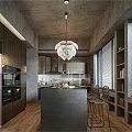 Modern Living Dining Room Interior With Dark Sofa Wooden Coffee Table Bookshelf And Concrete Walls
