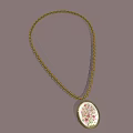 Gold Chain Necklace With Oval Pendant And Floral Pattern Design