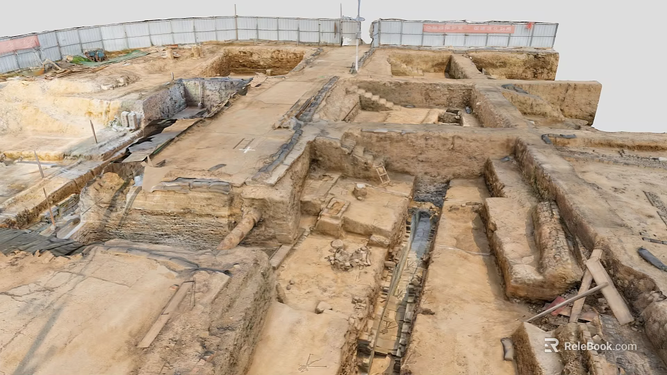 Archaeological Excavation Site With Ancient Earthen Walls And Stone Structures 3d model 