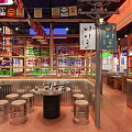 Korean Restaurant Interior With Neon Signs Brass Decor Dining Tables And Red Floor Tiles