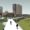 Bustling Commercial Street With Modern Buildings Pedestrians Greenery And Plaza Area