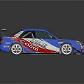 Blue Racing Car With Red And White Stripes Special Logo And Rear Spoiler