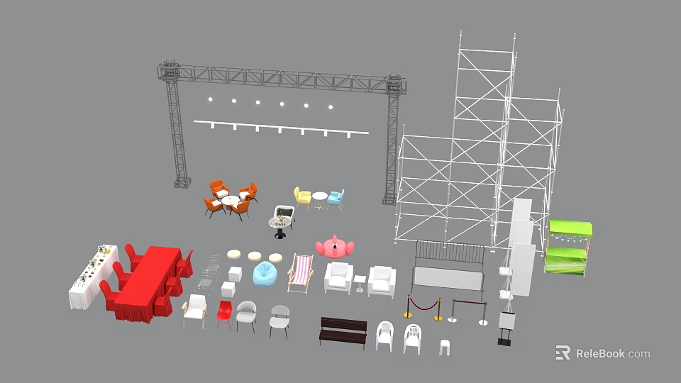 Industrial Equipment Set Including Scaffolding Metal Frames Workbenches And Tools 3d model 