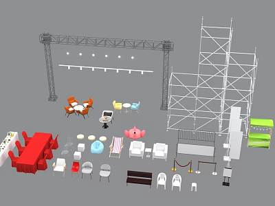 Industrial Equipment Set Including Scaffolding Metal Frames Workbenches And Tools 3d model