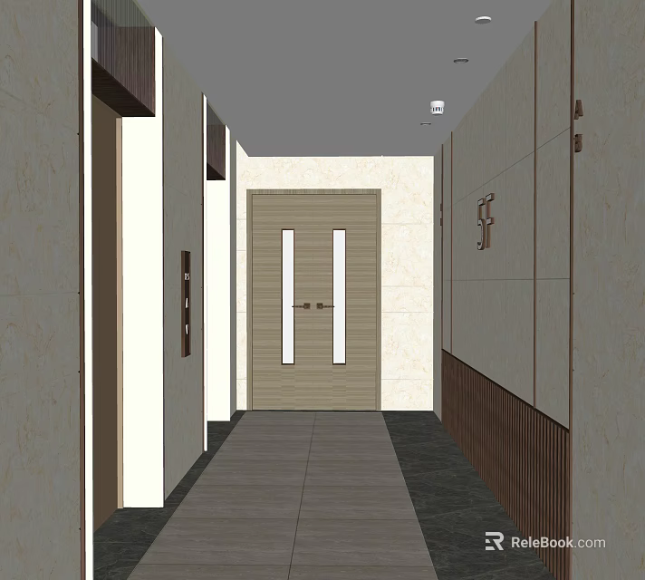 Modern Elevator Corridor Interior With Stone Walls Wooden Trim And Ceiling Lights 3d model 