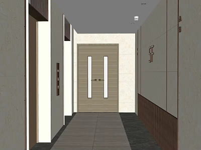 Modern Elevator Corridor Interior With Stone Walls Wooden Trim And Ceiling Lights 3d model