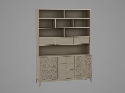 Modern Light Gray Bookcase With Multiple Shelves Drawers And Geometric Pattern Cabinet Doors 3d model