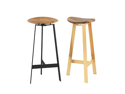 Two Modern Bar Stools With Wooden Seats Black Metal And Light Wooden Legs 3d model