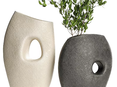 Light And Dark Textured Hollow Vases With Green Foliage For Home Decor 3d model