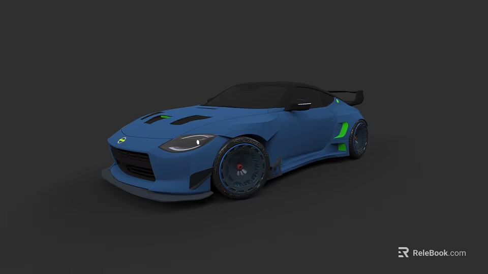 Blue Modified Sports Car With Wide Body Rear Spoiler And Green Accents 3d model 