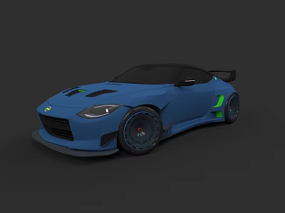 Blue Modified Sports Car With Wide Body Rear Spoiler And Green Accents 3d model