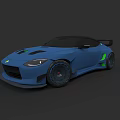 Blue Modified Sports Car With Wide Body Rear Spoiler And Green Accents