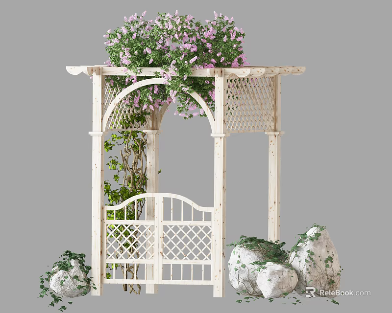 White Garden Pergola with Lattice Design Purple Flowers Green Vines and Stones 3d model 