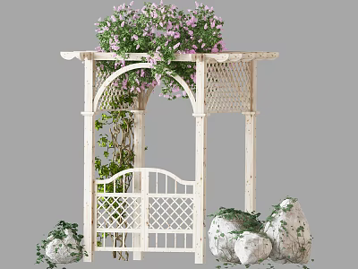 White Garden Pergola with Lattice Design Purple Flowers Green Vines and Stones 3d model