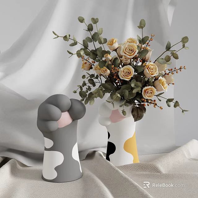Minimalist Decorative Ornament Set with Vase Roses Green Leaves and Claw Shaped Ornaments 3d model 