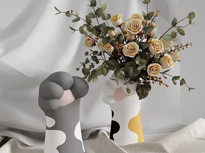 Minimalist Decorative Ornament Set with Vase Roses Green Leaves and Claw Shaped Ornaments 3d model