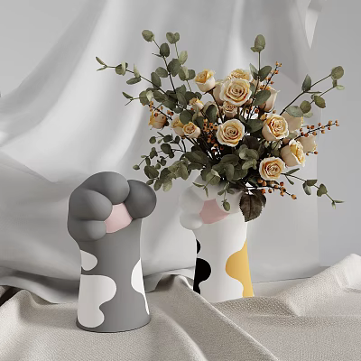 Minimalist Decorative Ornament Set with Vase Roses Green Leaves and Claw Shaped Ornaments 3d model