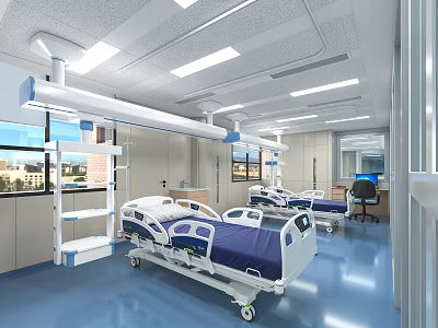 Modern Hospital Ward Interior With Blue Beds White Frames Medical Equipment And Blue Flooring 3d model
