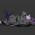 Cartoon Scene Featuring Wooden Bridge Gray Rocks Purple Twisted Plants And Pink Crystals