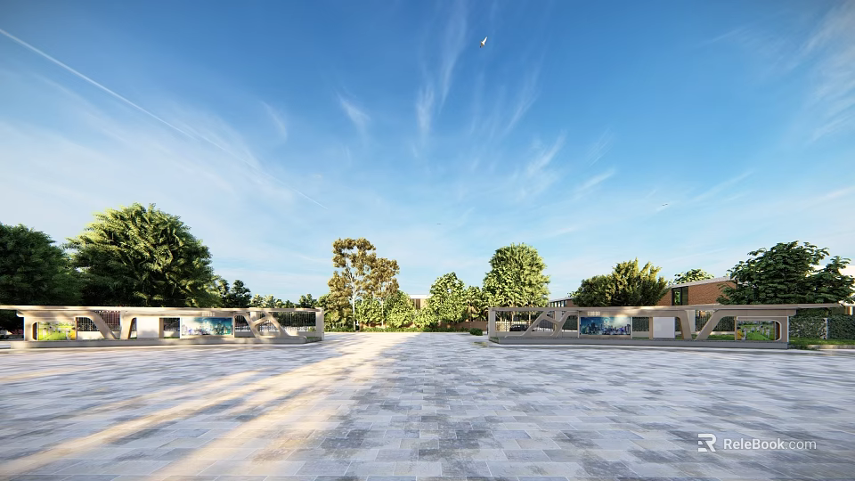 Outdoor Canopy in Open Plaza with Stone Pavement Green Trees and Blue Sky 3d model 