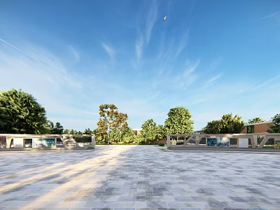 Outdoor Canopy in Open Plaza with Stone Pavement Green Trees and Blue Sky 3d model